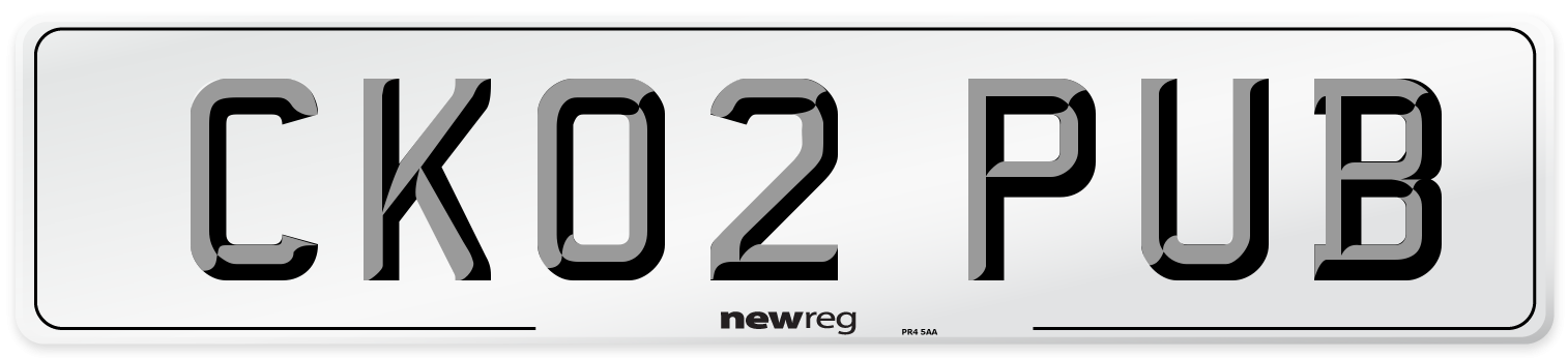 CK02 PUB Number Plate from New Reg